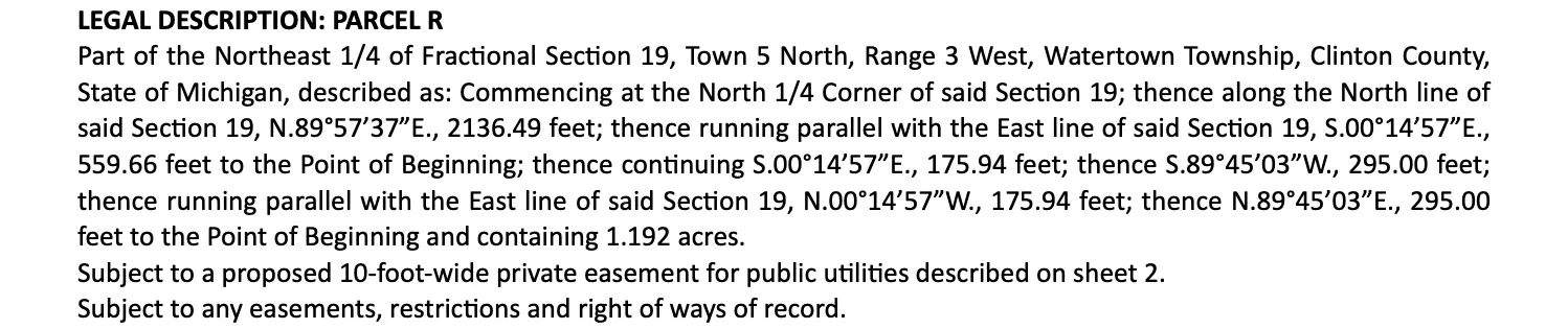 Parcel R of a Clinton County, Michigan deed, showing the full legal description